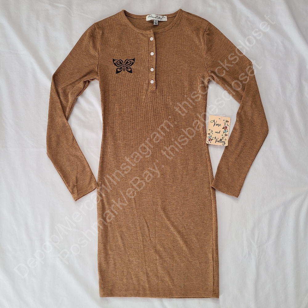 NWT Vine & Valley Dark Heather Tan Butterfly Long Sleeve Ribbed Henley Dress, S